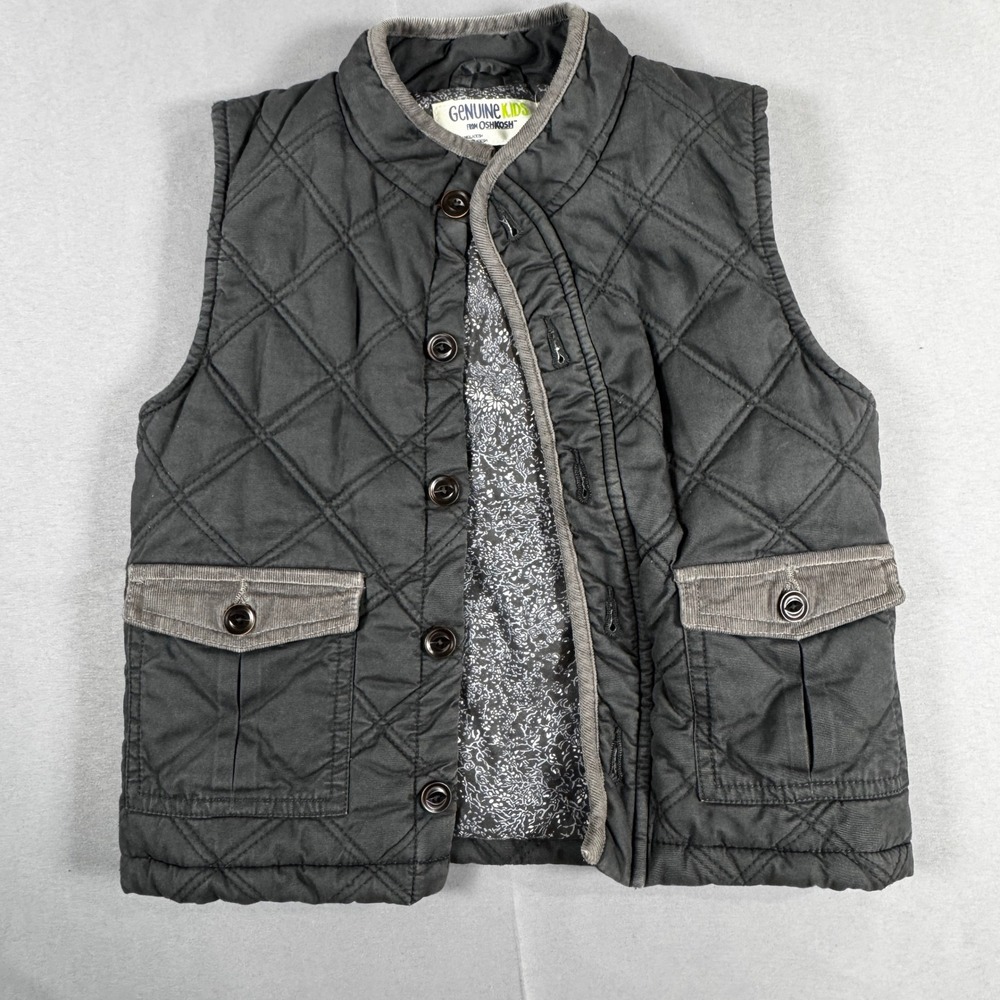 Genuine Kids OshKosh Boys Gray Quilted Button Front Vest Corduroy Trim 5T Preppy